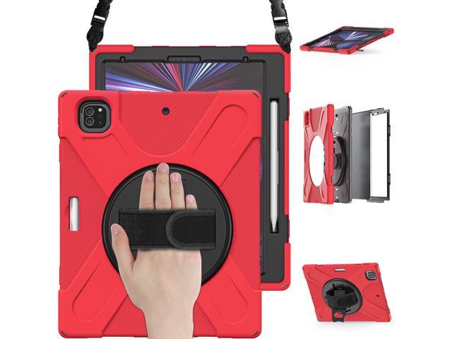iPad Pro 12.9 Case 2021 5th Generation, Shockproof Rugged Drop Protection Cover with Pencil Holder and Rotating Kickstand Hand Strap / Shoulder Strap For iPad Pro 12.9 inch 2021 Red