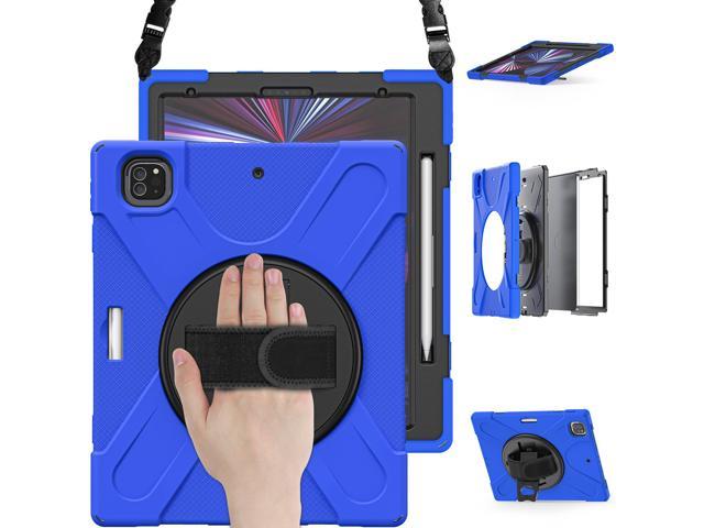 iPad Pro 12.9 Case 2021 5th Generation, Shockproof Rugged Drop Protection Cover with Pencil Holder and Rotating Kickstand Hand Strap / Shoulder Strap For iPad Pro 12.9 inch 2021 Blue