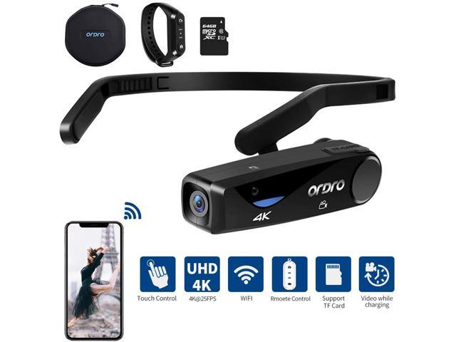 Ordro EP6 Hands Free 4K Camcorder Head Wearable Video Camera Mini Size with 64G Micro SD Card Carrying Case-Black Remote Control 
