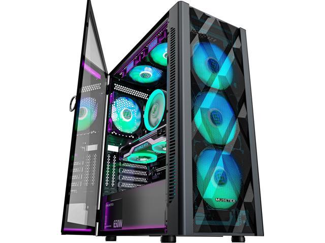 MUSETEX ATX PC Case Mid-Tower with 6pcs 120mm ARGB Fans, Polygonal Mesh Computer Gaming Case with Type C, Opening Tempered Glass Side Panel, USB 3.0 x 2, Black, NN8.