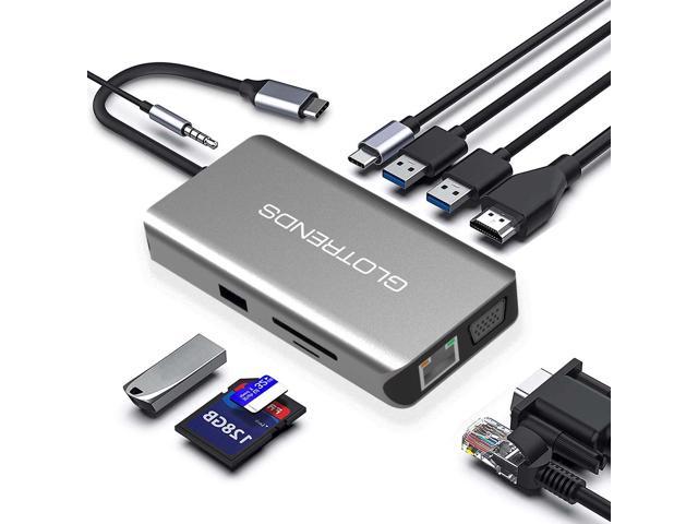 10-in-1 USB C Hub with Ethernet, 4K@30Hz HDMI, VGA, 3 USB3.0, SD/TF ...