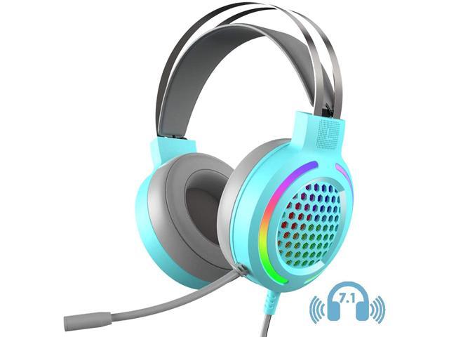 Gaming Headset with 7.1 Surround Sound,PC Lightweight Headset with Noise Canceling Mic,Bass Surround,Soft Memory Earmuffs,Rainbow Backlit for PC,PS4,Xbox One Controller (Adapter Not Included)