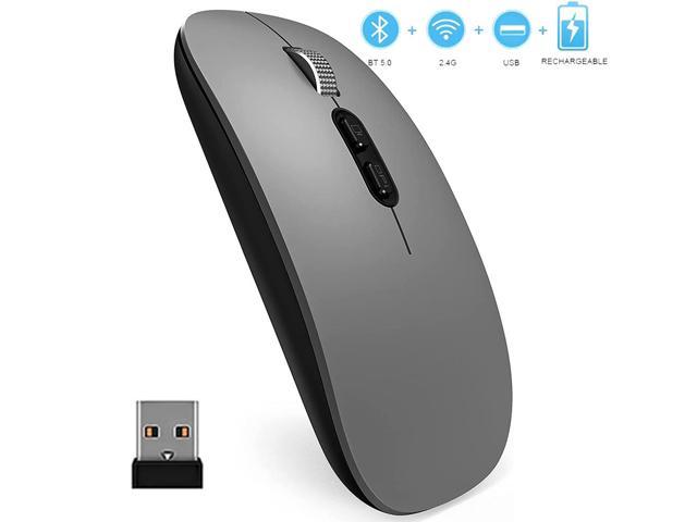 2.4Ghz Bluetooth Mouse, Rechargeable Wireless Mouse with Dual Mode (Bluetooth 5.0 + 2.4G Wireless), Ergonomic Portable Silent Wireless Optical Mouse for Laptop Desktop Windows Mac iOS (Gray)