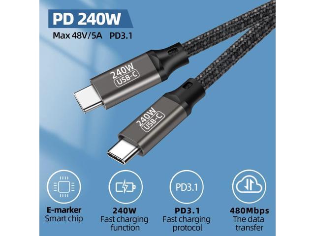 USB Type C 240W Charging & Data Transfer Charger Braided Cable 48V 5A Black  1m