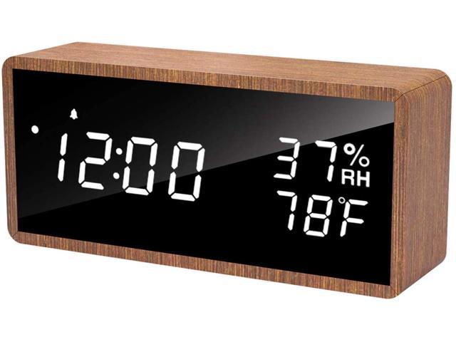 meross MC101 Digital Alarm Clock for Bedrooms, Real Wood, LED Display Desk Clock, Time Temperature Humidity, 3 Sets of Alarms, Adjustable Brightness, Sound Control Function