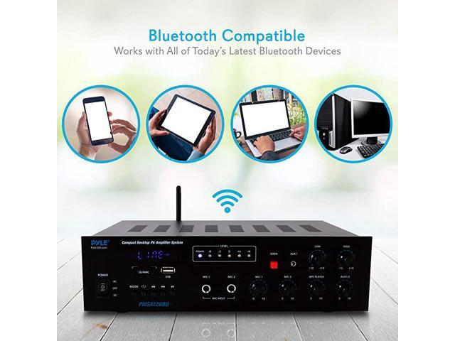 Wireless Bluetooth Public Address Amplifier 500W Compact Mini Digital Home  Power Audio Sound PA Receiver System w 70V 100V Output Mic Input Radio USB  Remote For 416ohm Speaker PMSA126BU 