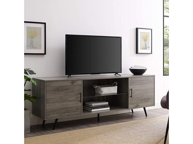 Edison Mid Century Modern Wood Universal Stand for TVs up to 80 Flat Screen Cabinet Doors and Shelves Living Room Storage Entertainment Center 70 Inch Grey