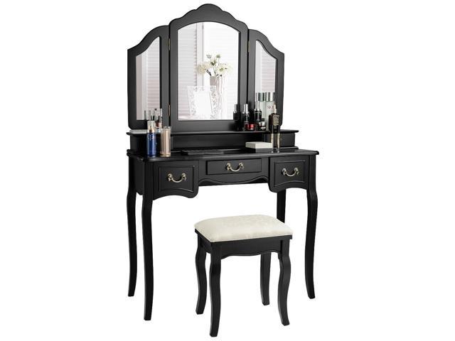 Tri Folding Vanity Makeup Dressing Table Set With Cushioned Stool Newegg Com