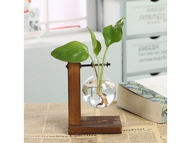 Tabletop Bulb Glass Hydroponic Vase Flower Plant Pot Wooden Tray Desk Decor 