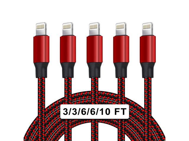 5Pack [3/3/6/6/10ft] Nylon Braided iPhone Charger Lightning Cable Fast Charging&Syncing Long Cord Compatible iPhone 11Pro Max/11Pro/11/XS/Max/XR/X/8/8P/7 and More -Black&Red