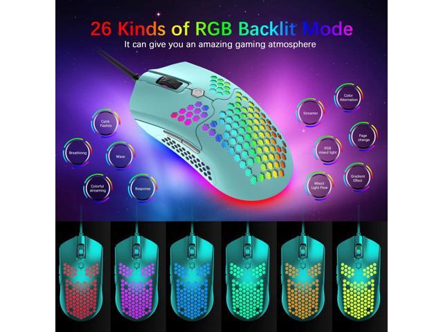 Wired Lightweight Gaming Mouse,26 RGB Backlit Mice with 7 Buttons  Programmable Driver, PAW3325 12000DPI Mice, Ultralight Honeycomb Shell  Ultraweave Cable Mouse for PC Gamers and Xbox and PS4 Users 