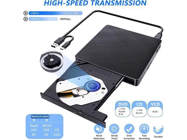 5 in 1 External CD DVD Drive, USB 3.0 & Type-C Portable CD DVD