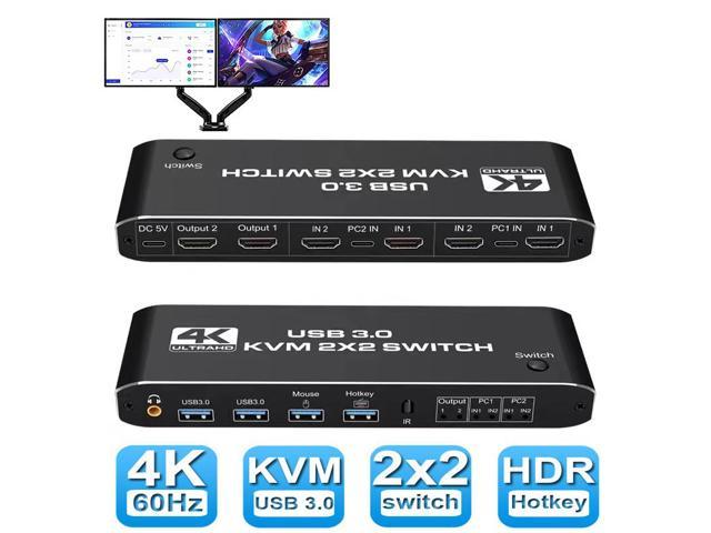2 Port Monitor 4K HDMI KVM Switch, 2x2 HDMI USB KVM Switch 2 in 2 4K @60Hz HDMI 2.0 Switcher for 2 PC Share Monitor Mouse Keyboard (with USB 3.0 port) KVM Switches -