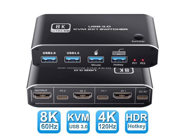 Dual-port HDMI 2.1 KVM Switch 2X1 4K 120Hz 4 Port USB 3.0 8K 60Hz With  Hotkey s