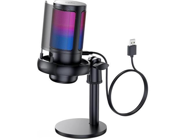 Gaming Microphone, USB PC Mic for Podcasts Videos, Streaming, Condenser Mic with Quick Mute, Tripod Stand, Pop Filter, RGB Indicator, Shock Mount, Rotate gain button, Compatible with PS4/5/PC