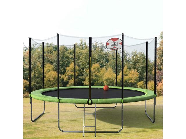 14 Feet Round Trampoline Jump Mat Spring Pad With Safety Enclosure Net 9 Pole 7 6 Feet Basketball Hoop And 2 Step Ladder 330 Lbs Weight Capacity Newegg Com