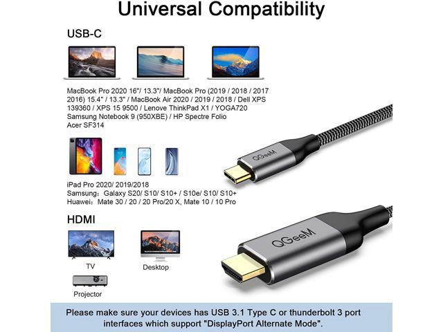 Compatible with iPad Pro,MacBook Pro 2018 iMac,ChromeBook Pixel,Galaxy S8/S9/Note9 Surface Book Thunderbolt 3 Compatible USB C to HDMI Cable Adapter,QGeeM 6ft Braided 4K@60Hz Cable Adapter