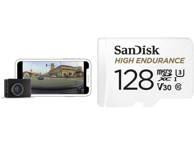 Garmin Dash Cam 47, 1080p and 140-degree FOV, Monitor Your Vehicle   SanDisk 128GB High Endurance Video MicroSDXC Card with Adapter for Dash Cam  and Home Monitoring Systems