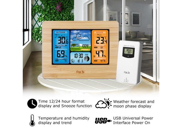 FanJu FJ3373 Multifunction Digital Weather Station LCD Alarm Clock Indoor Outdoor  Weather Forecast Barometer Thermometer Hygrometer with Wireless Outdoor  Sensor USB Power Cord 