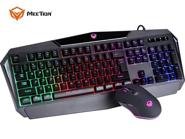 MeeTion C510 Wired Gaming Keyboard and Mouse Combo Rainbow Backlit Gaming Keyboard with Wrist Rest and 4 Color Backlit Gaming Mouse 2400 DPI for Windows PC Gamers (Black)