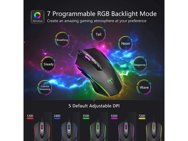 pictek gaming mouse wired, 8 programmable buttons, chroma rgb backlit, 7200 dpi adjustable driver