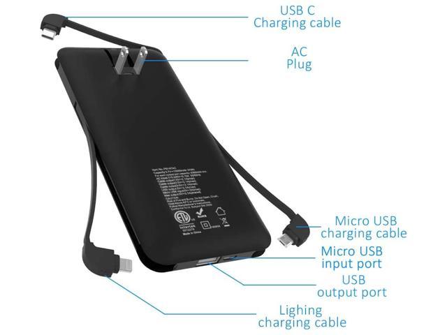 portable charger with wall plug and cables built-in