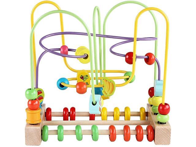 Wooden Bead Wire Maze Roller Coaster Pull Along Cart Educational Toy UWHD 