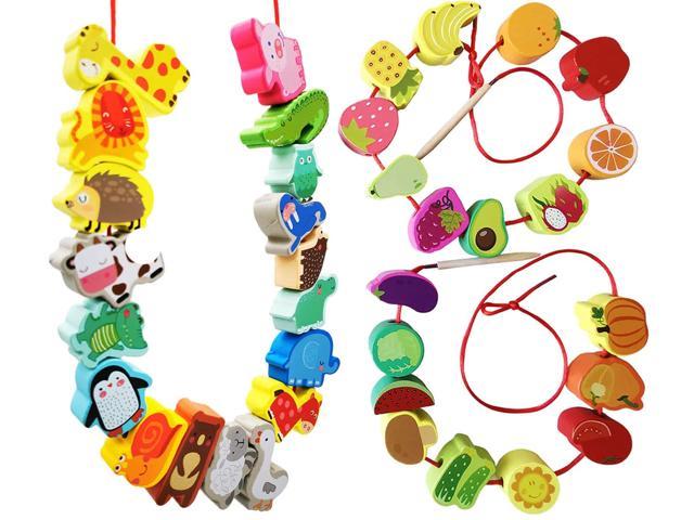 with 3D Stickers Lacing Beads for Toddlers,Montessori Lacing Toy Wooden Animals Fruits Vegetables Threading Toys for Kids Preschool Educational Fine Motor Skills Toys for Boy Girl 2 3 4 5 Years Old
