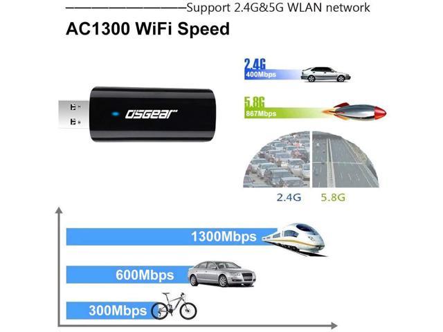 OSGEAR 1300Mbps USB WiFi Adapter Wireless Card Network Dongle Dual Band with High Gain 5dBi Antenna for PC Desktop Laptop 802.11ac//b//g//n 2.4GHz 400Mbps 5.8Ghz 867Mbps Win 10 8 7 XP Mac Linux