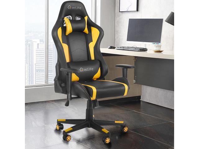 Merax Gaming Chair Racing Style Office Chair Adjustable Massage Lumbar Cushion Swivel Rocker Recliner Leather High Back Ergonomic Computer Desk Chair With Retractable Arms Black Yellow Newegg Com