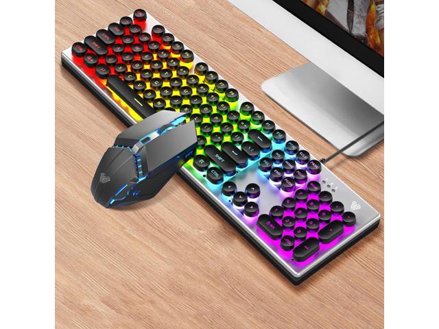 Gaming Keyboard, AULA T200 Round Keycap USB Cool Lighting Effect Wired Mechanical Gaming Keyboard Mouse Set, Ordinary Version