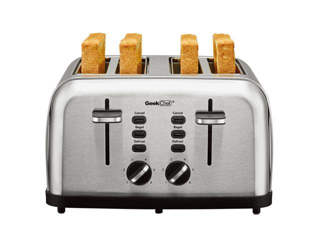 Toaster 4 Slice, Geek Chef Stainless Steel Extra-Wide Slot Toaster with Dual Control Panels of Bagel/Defrost/Cancel Function,Removable Crumb Trays, Auto Pop-Up