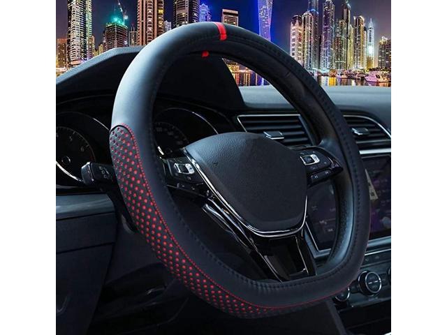 Universal 15 inch Crimson Leather Auto Car Steering Wheel Cover Leather for Men and Women Non-Slip Breathable Soft and Comfortable 