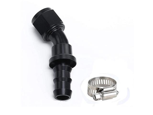 8AN Aluminum 45 Degree Swivel Female AN8 3/4-16 Thread Push Lock/Push On Barb Hose End Oil Fuel Gas Line Fitting Black with Amercian Type Clamp