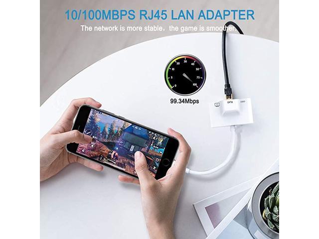 3-in-1 100M RJ45 Ethernet Megabit LAN Wired Network Adapter with Charging Port and USB Camera Reader Port for iPhone iPad. 