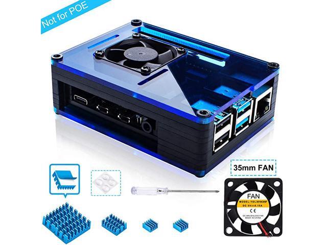 Case for Raspberry Pi 4 with 35mm Cooling Fan and 4 pcs Aluminum Heat Sinks for Raspberry Pi 4 Model B (Pi 4 Board Not Included)-Black/Blue