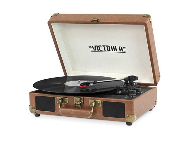 Vintage 3Speed Bluetooth Portable Suitcase Record Player with Builtin Speakers | Upgraded Turntable Audio Sound| Includes Extra Stylus | Brown