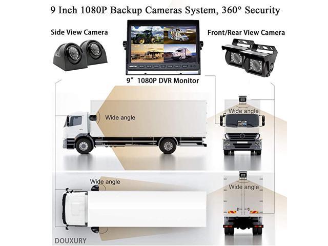 IP69 Waterproof Night Vision Camera x 4 for Truck Trailer Heavy Box Truck RV Camper Bus Backup Camera System DOUXURY 4 Split Screen 9 Quad View Display HD 1080P Monitor with DVR Recording Function 