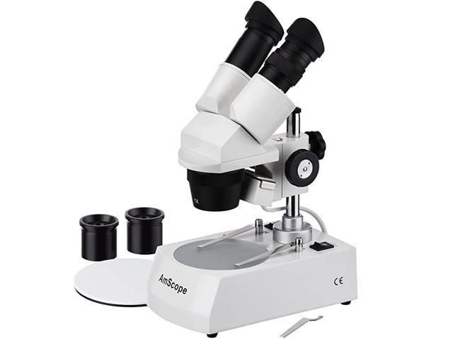 AmScope SE305-PX Binocular Stereo Microscope 5X/10X/15X/30X Magnification WF5x and WF10x Eyepieces 1X and 3X Objectives Upper and Lower Halogen Lighting Reversible Black/White Stage Plate Pillar Stand 120V