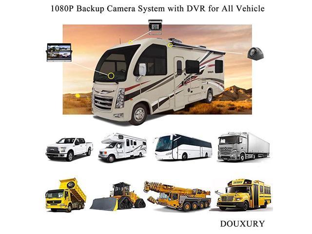 Vehicle Backup Cameras System with DVR,4 x HD 1080P 4Pin IR Night Vision Reverse Rear View Camera ip68 9 IPS 4CH Quad Split Monitor with SD Record for Long Truck Bus RV 5th Camper 