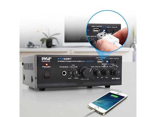 Pager & Mixer Karaoke Modes Compact Desktop Home Theater Stereo Amplifier Receiver with USB Charge Port Mic Input | Pyle PTA22BT 40 Watt x 2 Bluetooth Mini Blue Series Home Audio Amplifier 