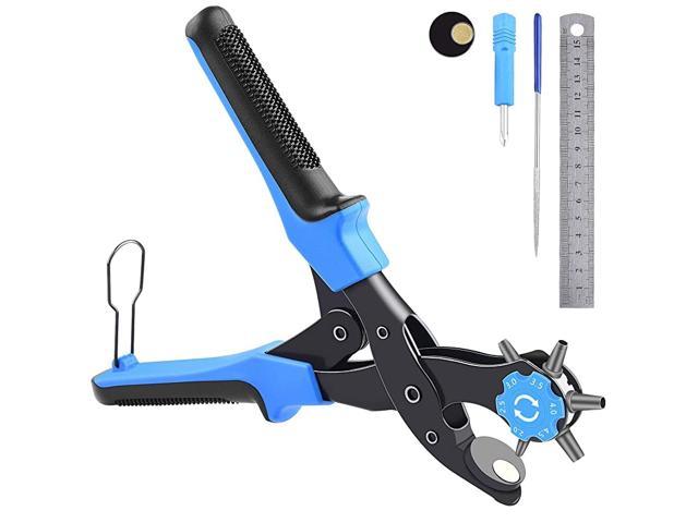 Card Belt Puncher Rubber Blue Diyife Leather Hole Punch, Upgraded Heavy Duty Revolving Plier Tool with 2 Extra Plates and Ruler Perfect Full Set Multi Sized for Crafts 