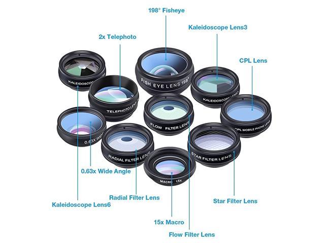 Smartphone Camera Lens Kit-10 in 1 Cell Phone Camera Lens Kit Wide Angle Lens & Macro Lens+Fisheye Lens+Telephoto Lens+CPL/Flow/Radial/Star Filter+Kaleidoscope 3/6 Lens 