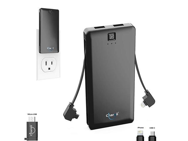 portable charger with wall plug and cables builtin