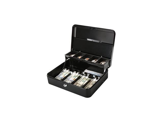 Cash Box with Money Tray lock Large Steel 5 Compartment Key Black Tiered 