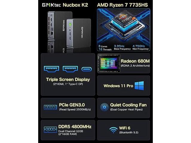 GMKtec Gaming Mini PC Windows 11 Pro AMD Ryzen 7 7735HS Mini