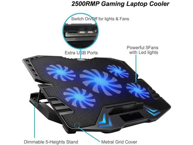 Gaming 5Fans 15.6inch Laptop Cooler Stand Fan KEROLFFU Laptop Cooling Pad Fans/Lights Switch with dimmable-Speed for MacBook Air Pro Dell XPS HP Alienware Notebook Adjustable Foldable Long Stand