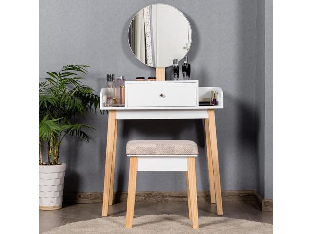 Costway Wooden Vanity Makeup Dressing Table Stool Round w/Drawer