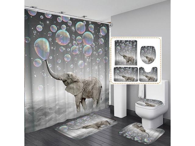 3D Elephant Bathroom Toilet Set Cover Protector Pads Shower Curtain Bath Rugs 