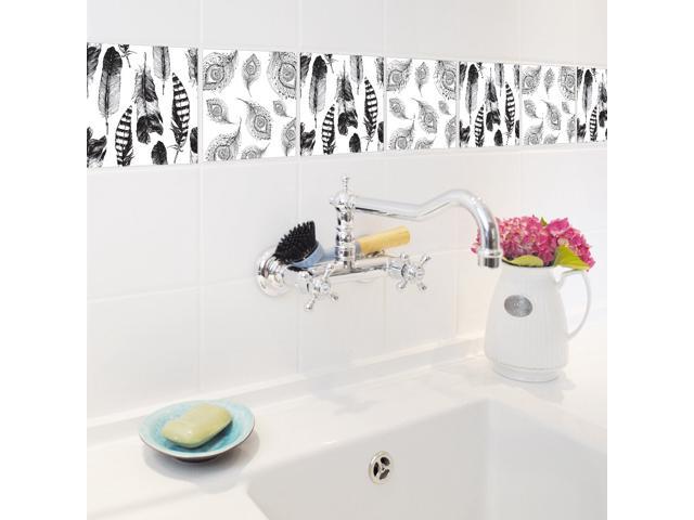Black White Feather Tile Sticker  Waterproof Self Adhesive 